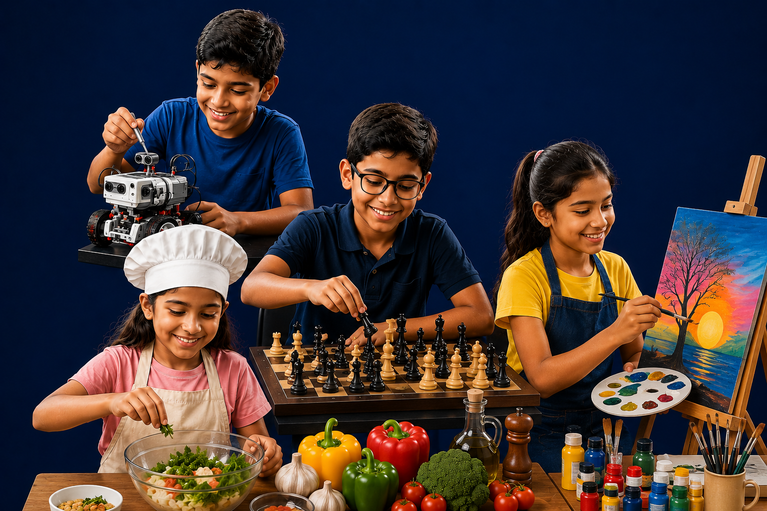 Kids learning robotics chess arts cooking at FabMinds Academy Noida